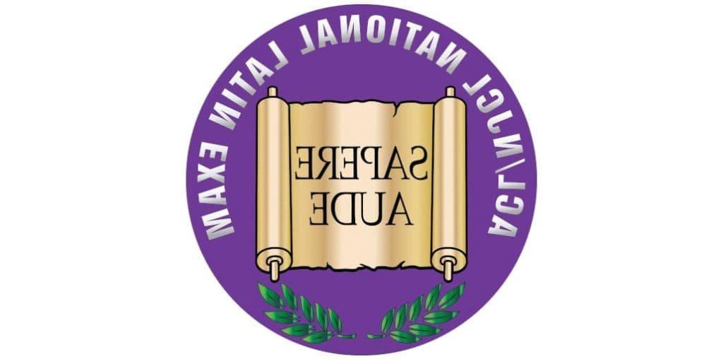 National Latin Exam logo with scroll and motto.